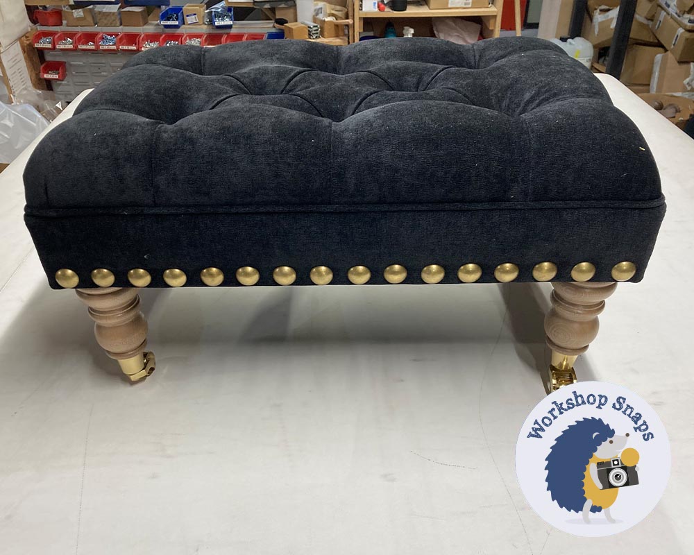Medium Rectangle Footstool in black velvet fabric with buttons