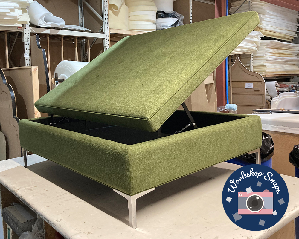 Oversized Large Square buttoned green fabric storage footstool made to order in the UK