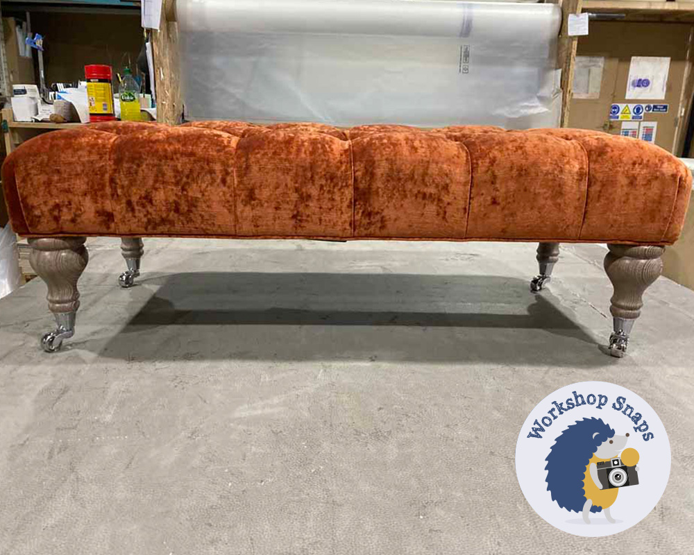 Long thin Rectangle Bench Footstool in orange copper crushed velvet fabric with buttons