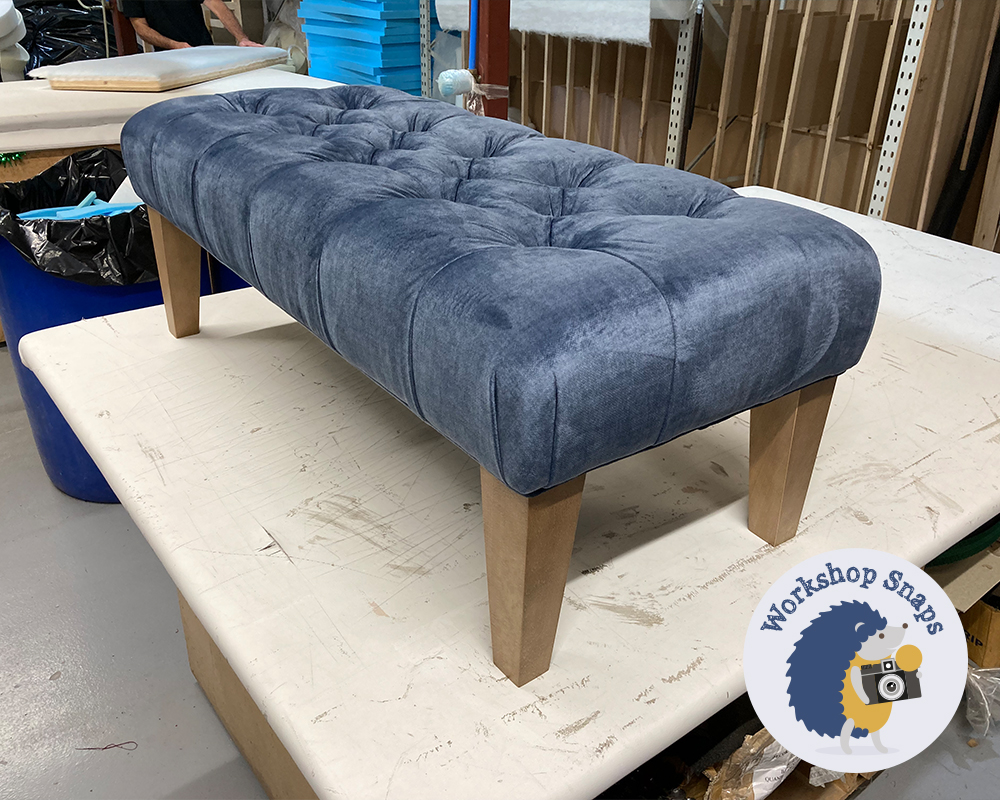 Long, Thin, Blue velvet footstool bench with deep buttoning