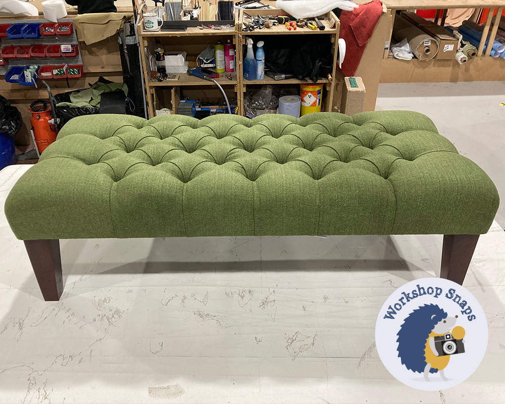 Long thin Rectangle Bench Footstool in forest green fabric with buttons