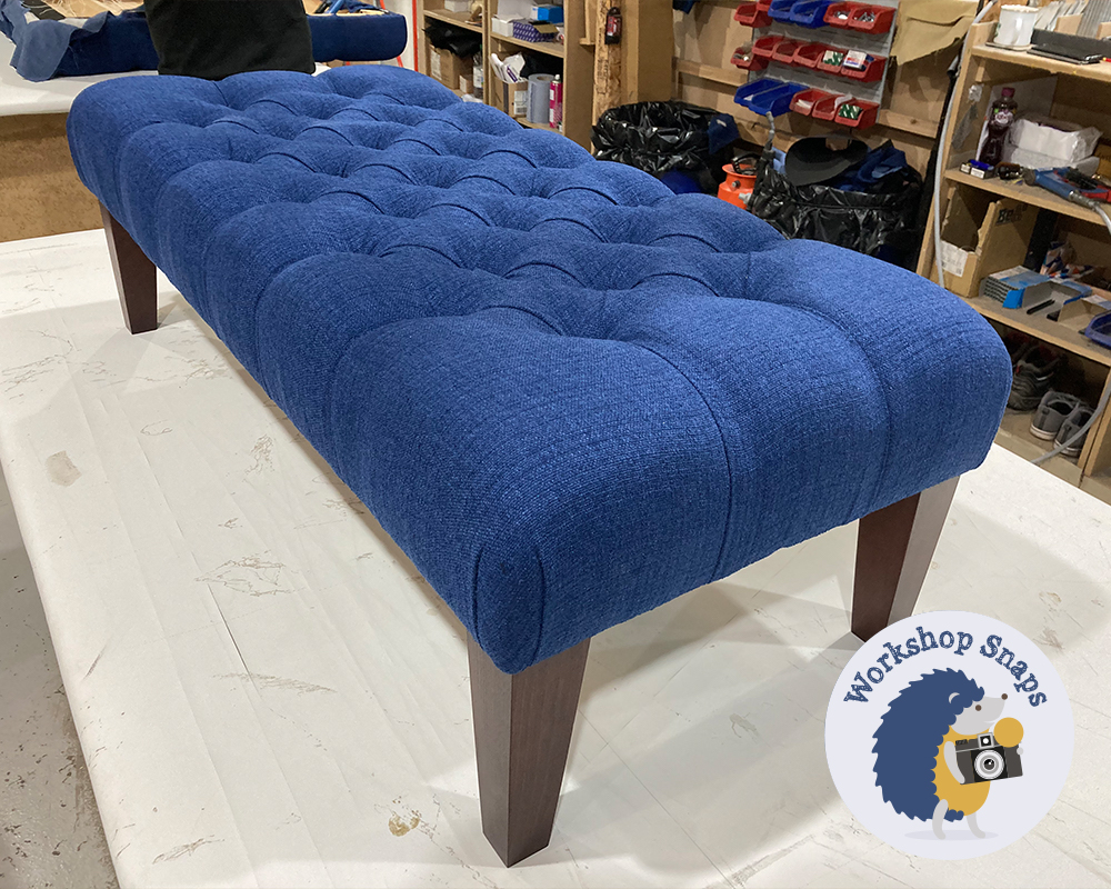 Long thin Rectangle Bench Footstool in bright blue fabric with buttons