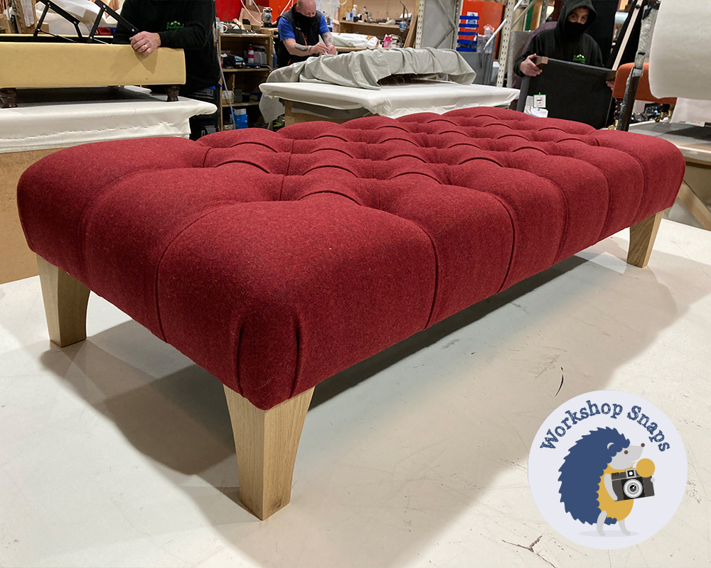 Long thin Rectangle Bench Footstool in red wool fabric with buttons