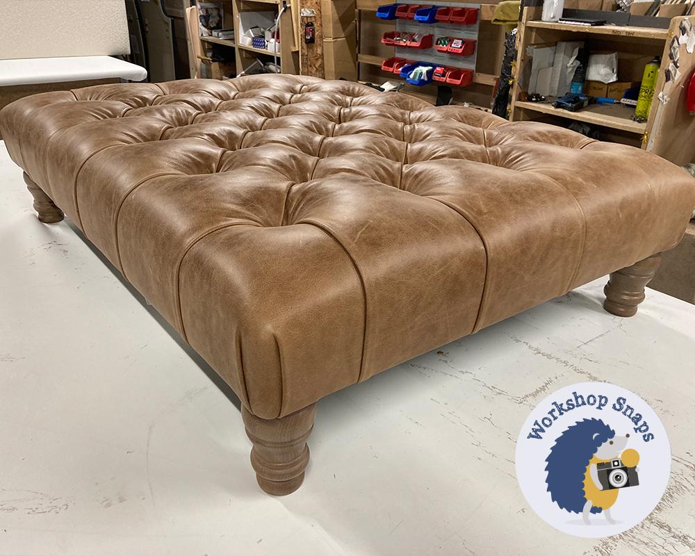 Large rectangle brown leather footstool with buttons