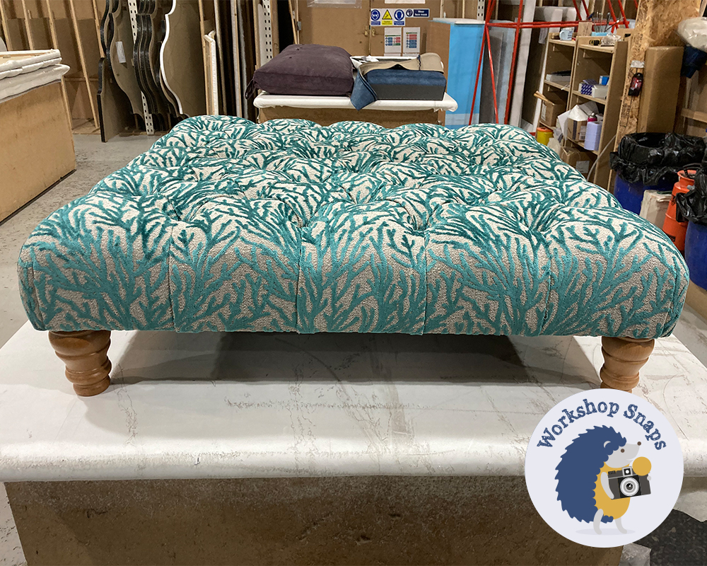 Large square patterned velvet fabric footstool with buttons in Jane Clayton Kai reef teal