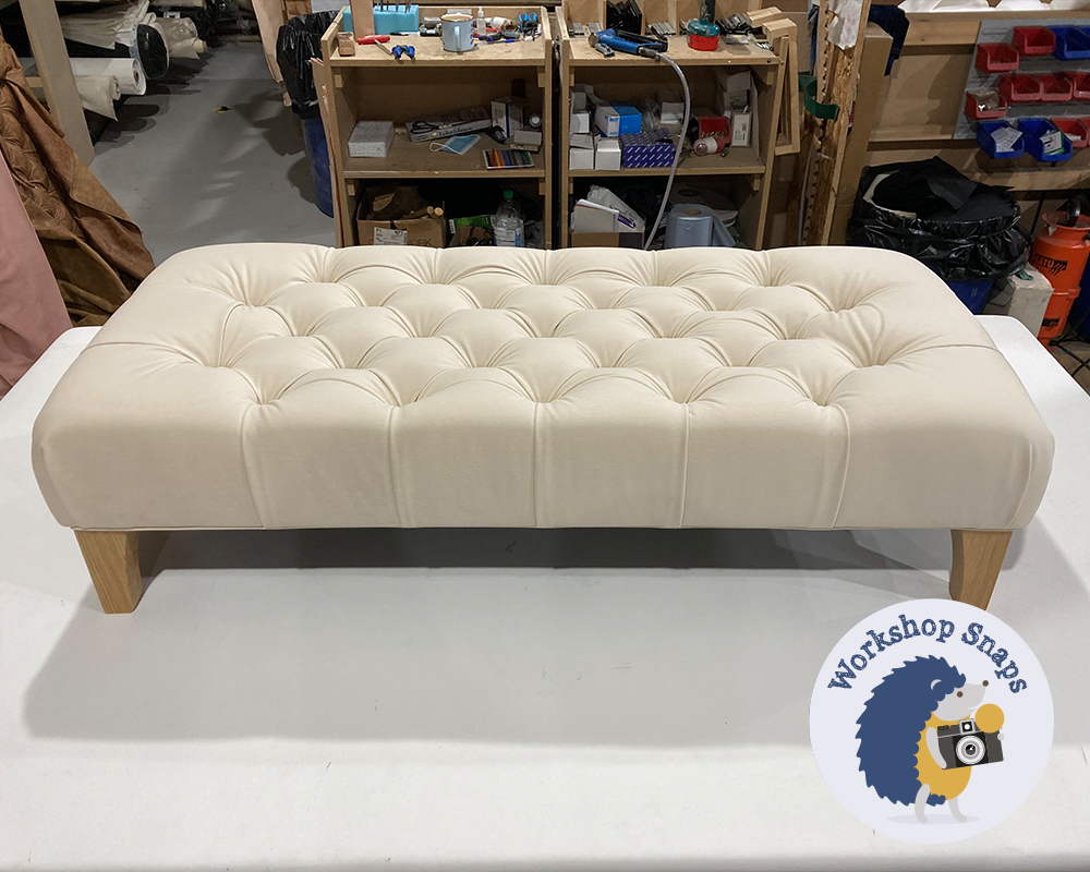 Long thin Rectangle Bench Footstool in cream faux suede fabric with buttons