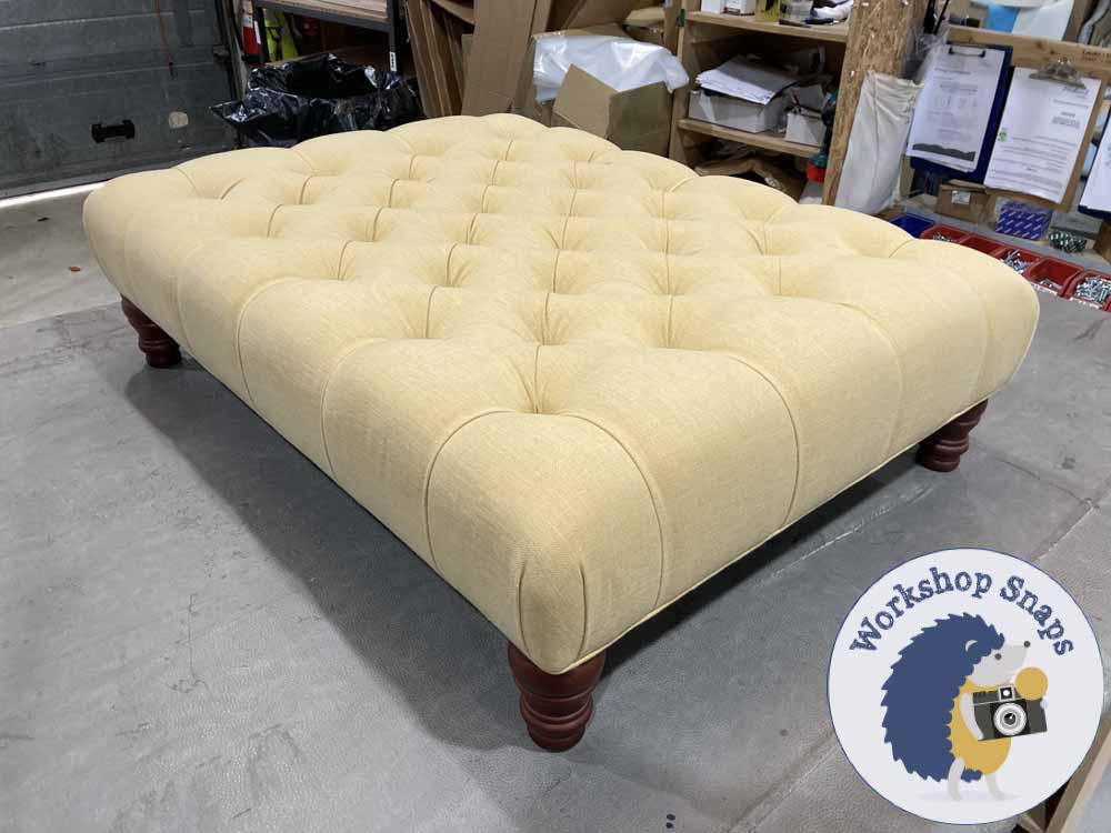 Large rectangle yellow linen padded footstool with buttons
