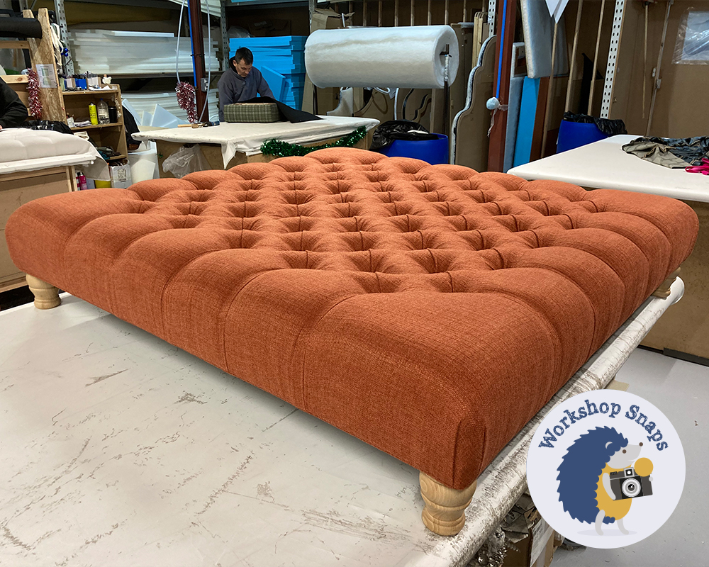 Extra Large Square buttoned Orange fabric footstool made to order in the UK