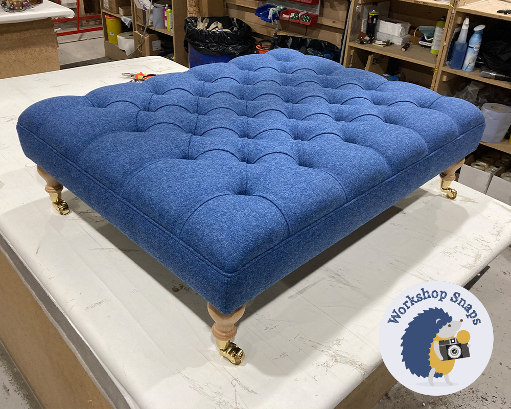 Large rectangle blue wool buttoned footstool
