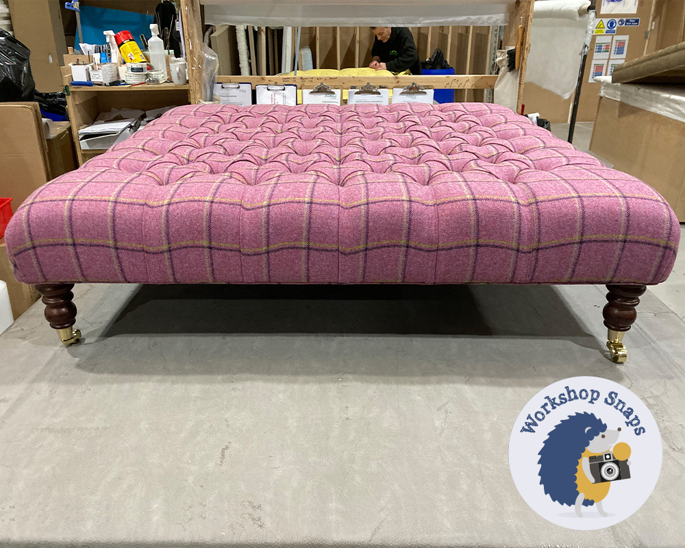 Oversized Large Square buttoned bright pink check wool fabric footstool made to order in the UK