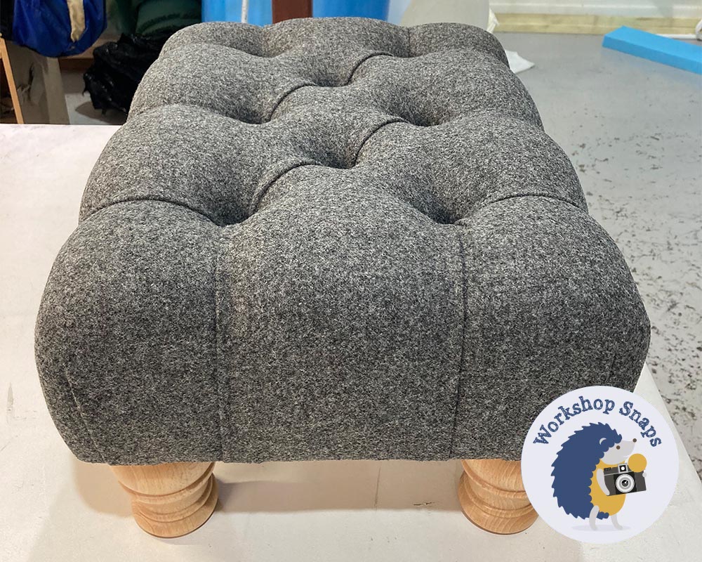 Very small rectangle padded footstool in grey wool with buttons