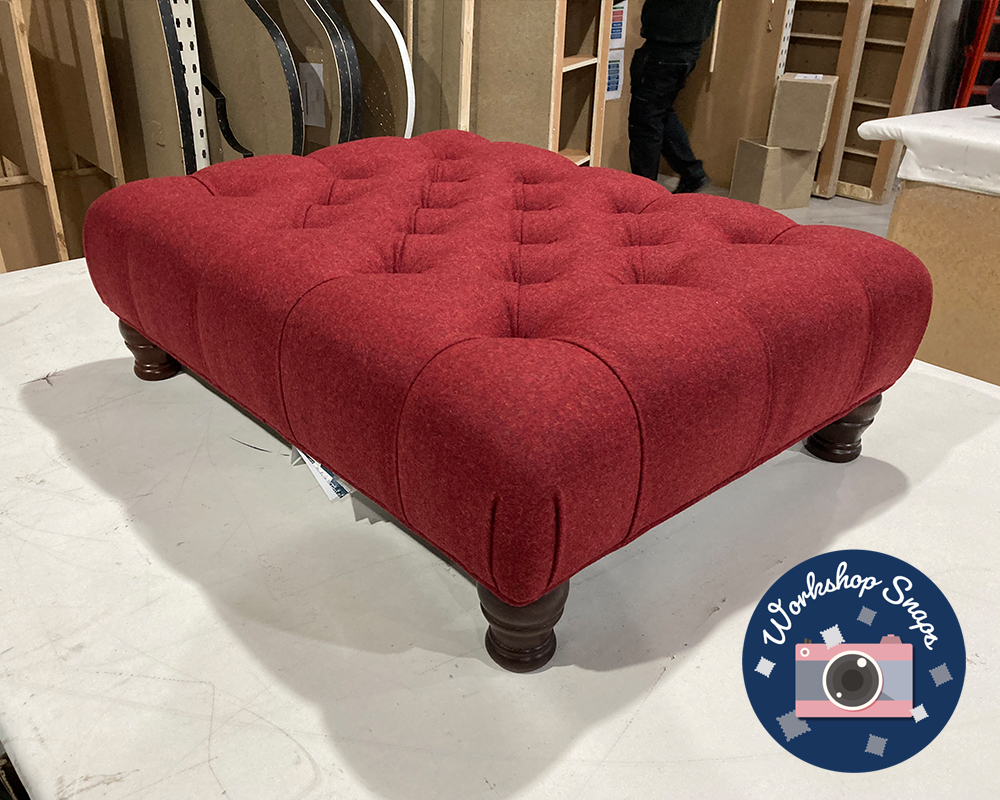 Medium sized rectangle red wool fabric footstool coffee table with buttons