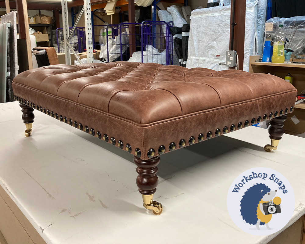 Extra Large rectangle real leather footstool with deep buttons and studs