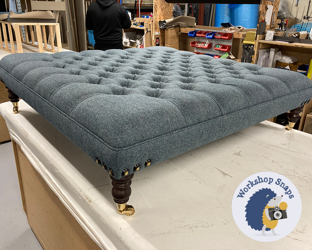 Large Square buttoned blue herringbone fabric footstool made to order in the UK