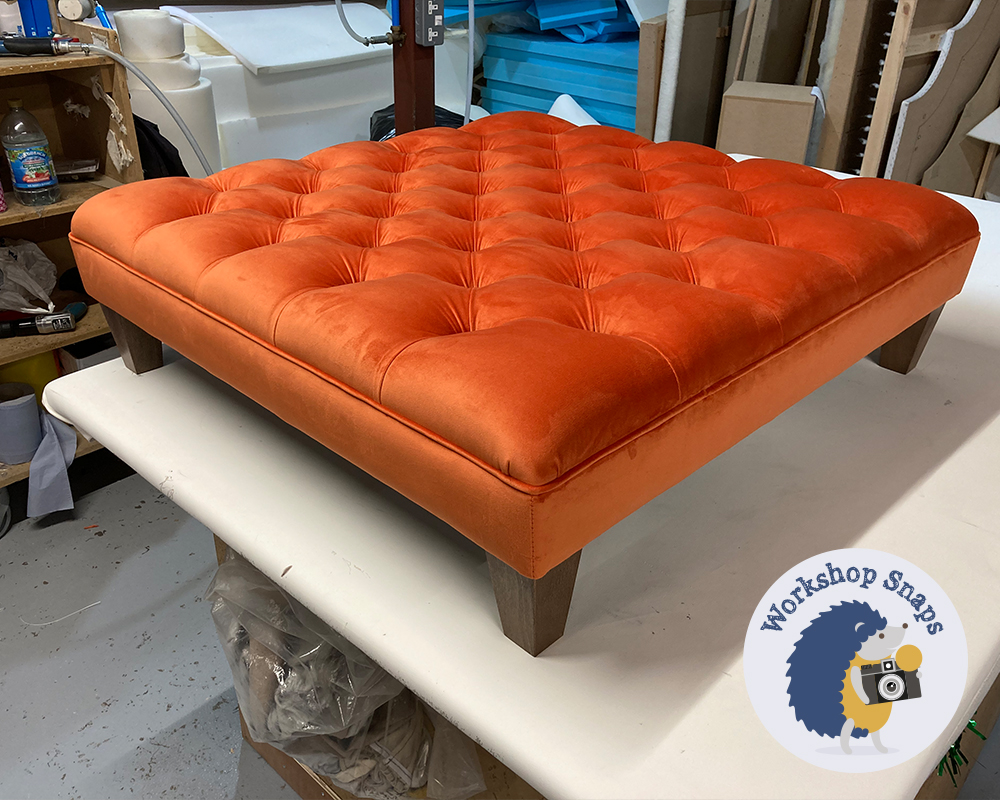 Large Square Orange Pumpkin Velvet Footstool with Deep Buttons