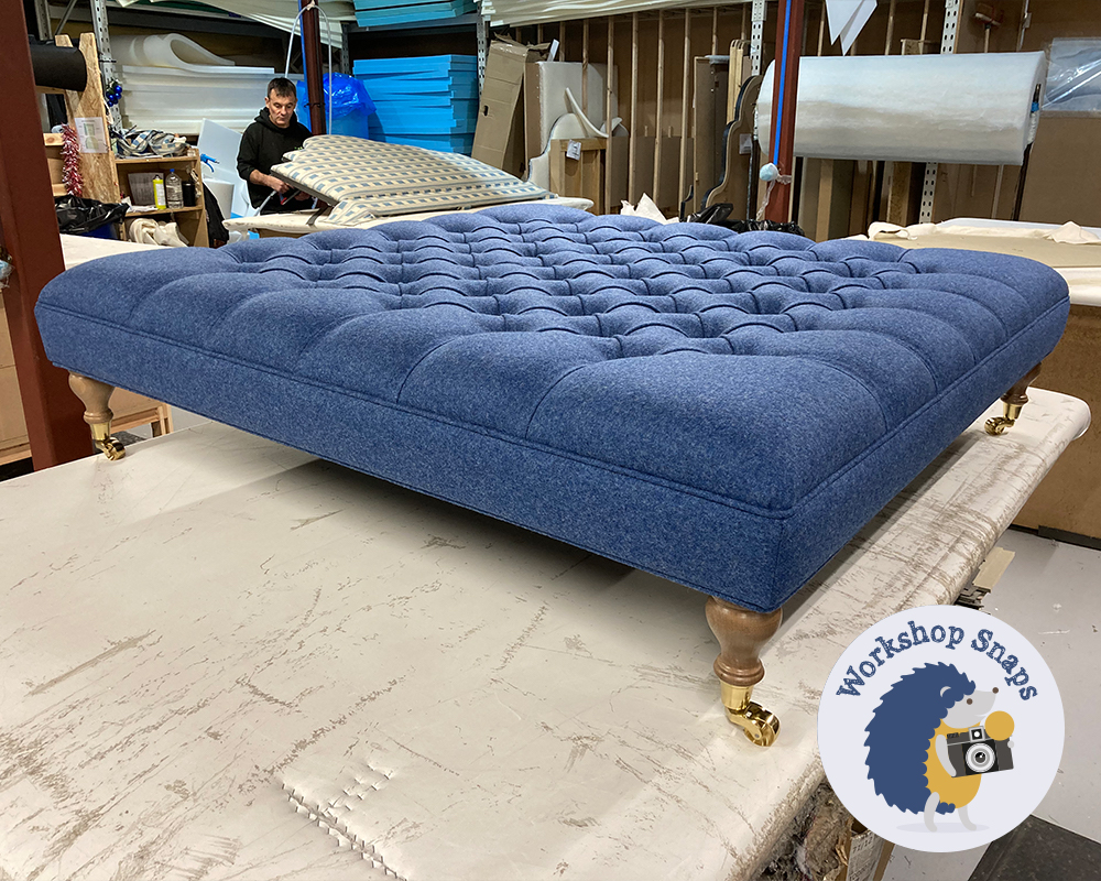 Large Square buttoned Blue Real Wool fabric footstool made to order in the UK