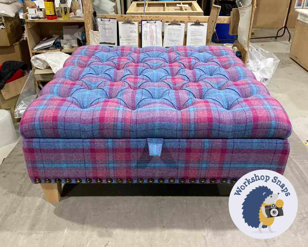 Large Square Storage Footstool Coffee Table in blue purple and fuchsia pink check wool fabric with deep buttons