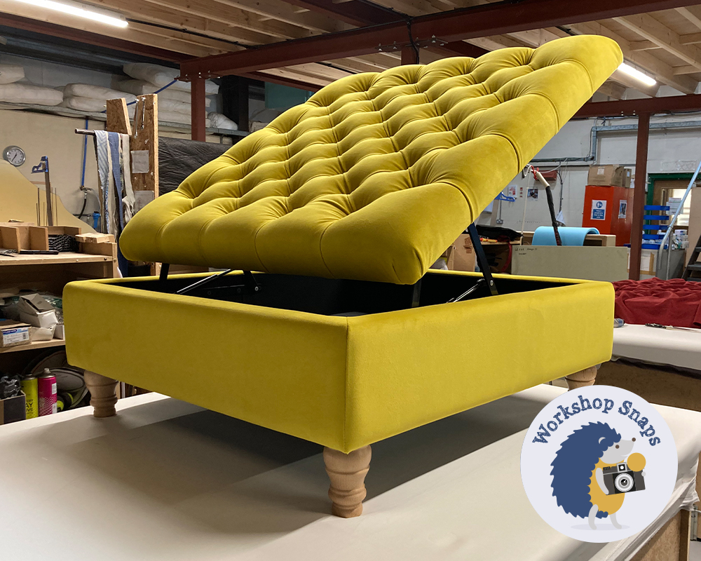 Large Square Storage Footstool Coffee Table in Yellow Velvet fabric with deep buttons