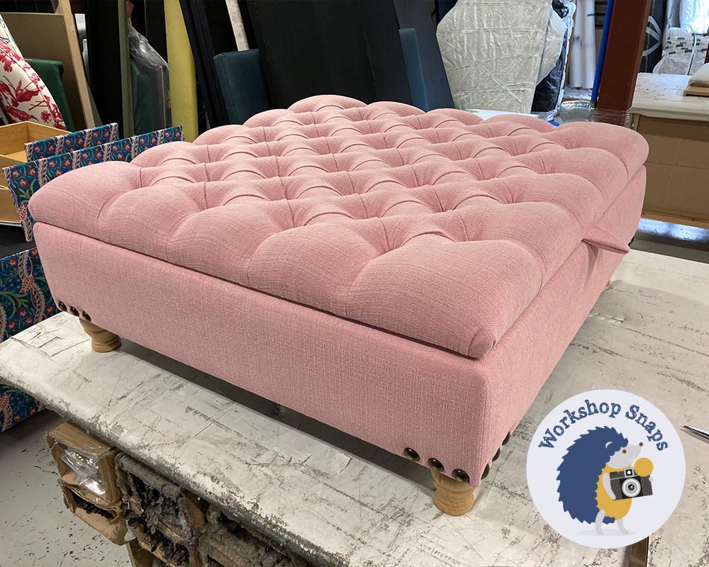 Large Square Storage Footstool Coffee Table in Rose Pink fabric with deep buttons and stud detail