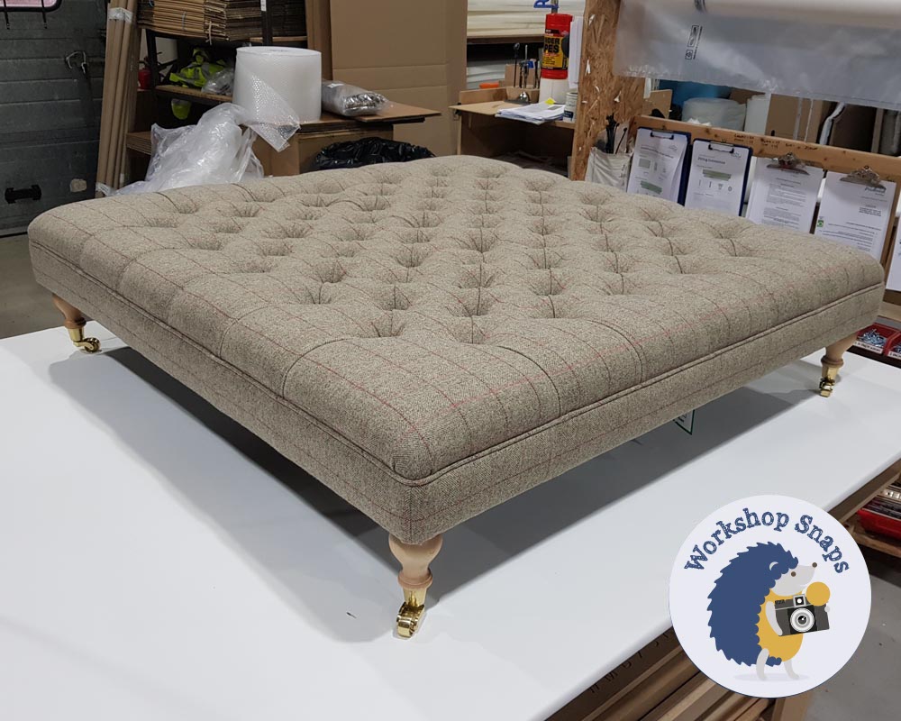Large Square buttoned wool check footstool made to order in the UK