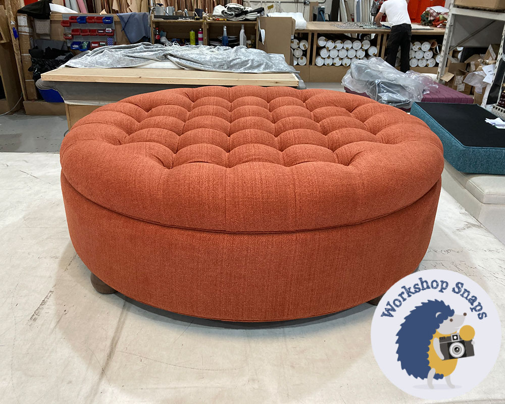 Large Round Storage Footstool Coffee Table in Burnt Orange with deep buttoned lid