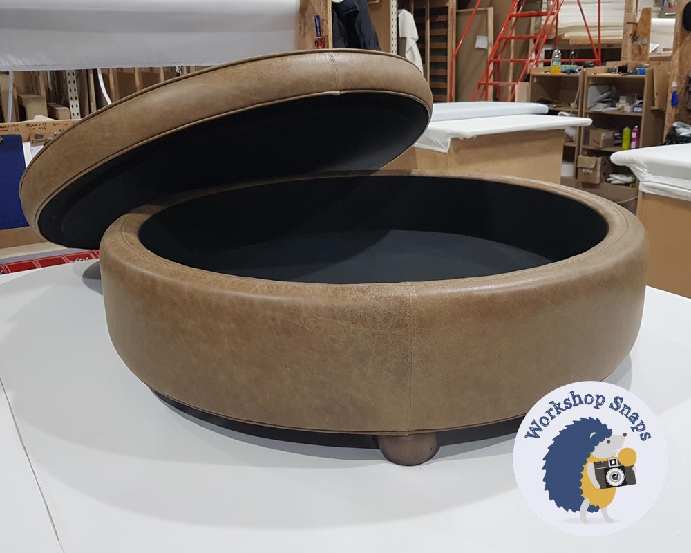 Large Round Storage Footstool Coffee Table in real leather