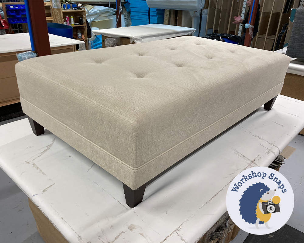 Bespoke extra deep padded fabric footstool with buttons in a stone colour